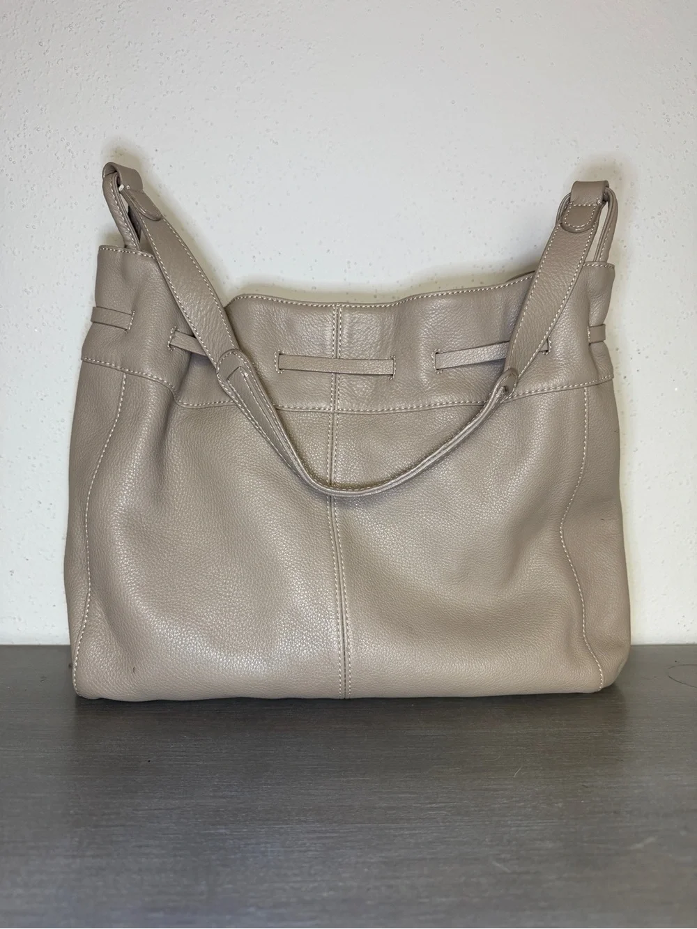 J. Jill Taupe Pebbled Leather Drawstring Bucket Bag Shoulder Purse Handbag